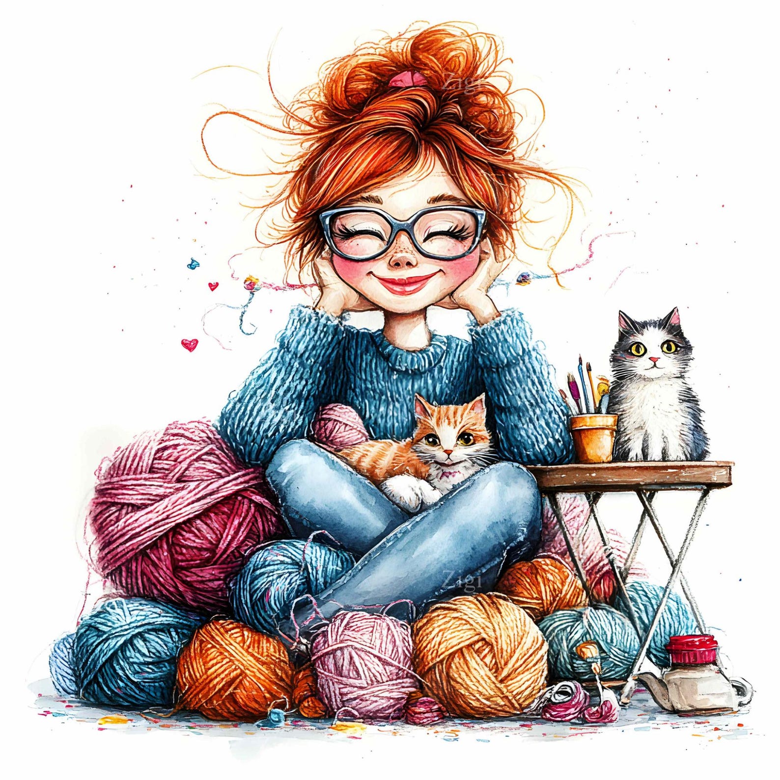24 JPEG Happy Knitting Girl Clipart, Redhead With Yarn and Cats JPEG ...