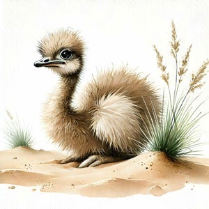 15 avestruz bebé esponjoso JPEG sentado en la arena del desierto con hierba, lindas imágenes prediseñadas de aves de safari, animales salvajes JPG para guarderías y manualidades de naturaleza