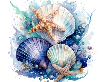 10 PNG Watercolor Sea Shell Clipart Ocean Starfish Nautical Beach