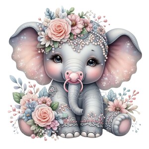 May include: A cute gray elephant with pink ears and a pink pacifier. The elephant is wearing a crown of pink and white flowers and pearls. The elephant is sitting on a white background.