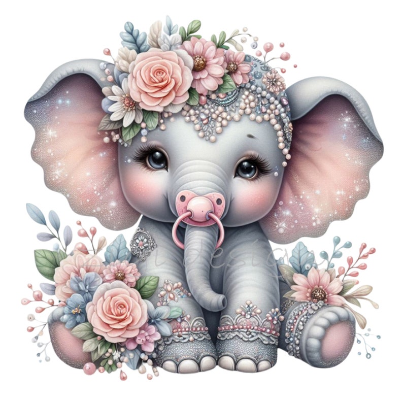 May include: A cute gray elephant with pink ears and a pink pacifier. The elephant is wearing a crown of pink and white flowers and pearls. The elephant is sitting on a white background.