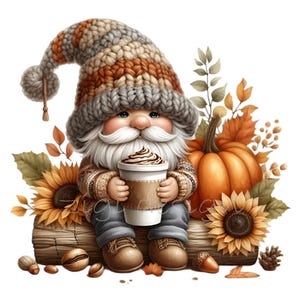15 imágenes PNG de gnomos de otoño: adorable gnomo con taza de café, girasoles, calabaza, bellotas, hojas de otoño y gorro de punto.