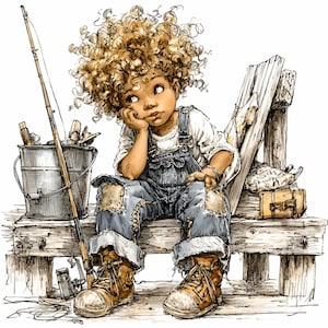 May include: Illustration of a child with curly hair, wearing denim overalls and work boots, sitting on a wooden dock. A fishing rod and a metal bucket with fishing supplies are nearby. The child appears to be deep in thought, with their chin resting on their hand.