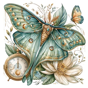 Puede incluir: Ilustración detallada en acuarela de una gran polilla con alas verde azulado y doradas, adornada con diseños de fases lunares. Un reloj de bolsillo, una flor blanca y otras mariposas y follaje completan el diseño. La obra de arte tiene una estética vintage y caprichosa.