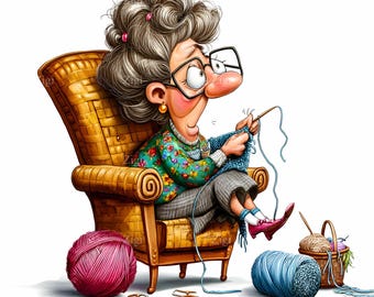 15 JPG Funny Knitting Grandma, Crafting Hobby Illustration, Crochet Lady Graphics