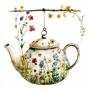 28 clipart de bule pendurado em JPEG, arte de bule de chá floral com flores silvestres, impressão de cozinha de jardim rústico, decoração botânica vintage