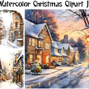 12 JPEG Snowy village clipart – Christmas street watercolor – 12 JPEG town scenes for winter cards, crafts and holiday design