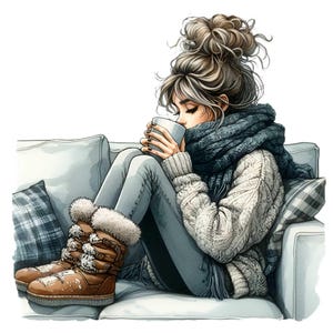 15 Winter Mädchen PNG Clipart, Frau im Strickpullover mit Heißgetränk, Entspannung auf der Couch, Winter Mode Kunst, Sofort Download