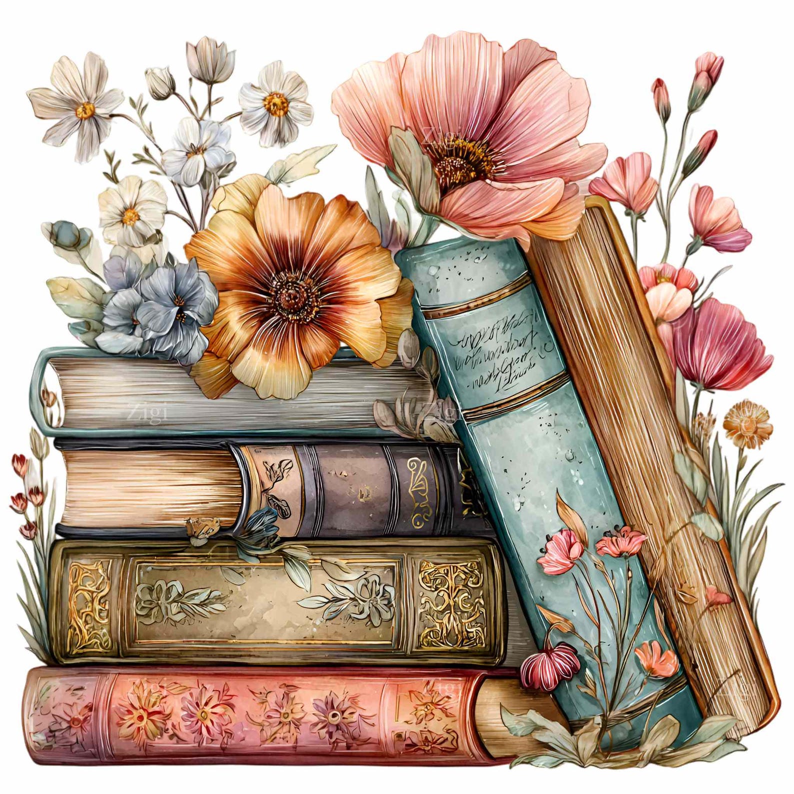 12 PNG Vintage Books Flowers Clipart – Botanical Book Stack ...