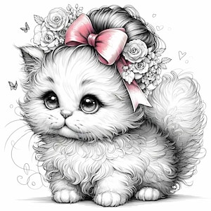 15 JPEG Cute Kitten Clipart With Big Eyes and Floral Bow, Baby Cat JPEG ...