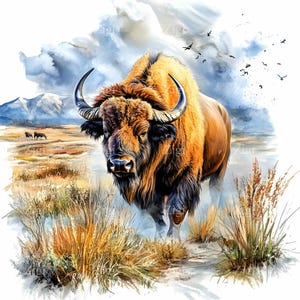 24 JPEG Clipart di bisonti selvatici JPG / Maestoso bufalo in un paesaggio di prateria con montagne e uccelli / Illustrazione della fauna selvatica occidentale
