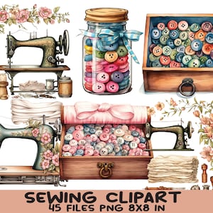 Vintage Sewing Clipart Bundle, 45 PNG Files of Sewing Machines, Buttons, and Flowers, Digital Art for Craft Projects
