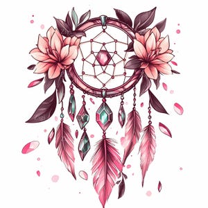 32 JPEG Acchiappasogni rosa Clipart JPG – Anello da sogno floreale con piume, cristalli e accenti di gemme, decorazione ad acquerello