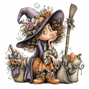 May include: A whimsical illustration of a cartoon witch with curly brown hair, wearing a purple hat adorned with flowers. She sits pensively, leaning on her hand, next to a broom and a basket filled with items. The witch is wearing an orange dress and brown boots.