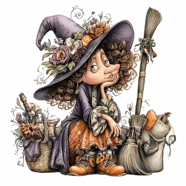 May include: A whimsical illustration of a cartoon witch with curly brown hair, wearing a purple hat adorned with flowers. She sits pensively, leaning on her hand, next to a broom and a basket filled with items. The witch is wearing an orange dress and brown boots.