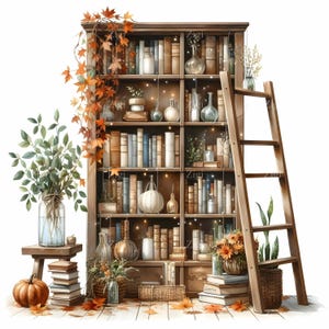 May include: A wooden bookshelf filled with books, decorative vases, and pumpkins. A wooden ladder leans against the shelf. Autumn leaves and string lights add to the cozy, seasonal decor. A small wooden stool holds a vase of greenery.