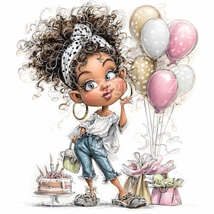 May include: Cartoon illustration of a girl with curly brown hair, wearing a white top, blue jeans, and sandals. She has a polka dot headband and gold hoop earrings. Balloons, a cake with candles, and gifts are also in the image.