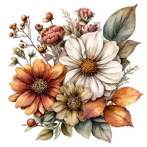 Pode incluir: Ilustração em aquarela de um arranjo floral com flores laranja, brancas e bege, com folhas verdes e marrons. O buquê inclui vários tipos de flores e bagas, perfeito para designs de outono.