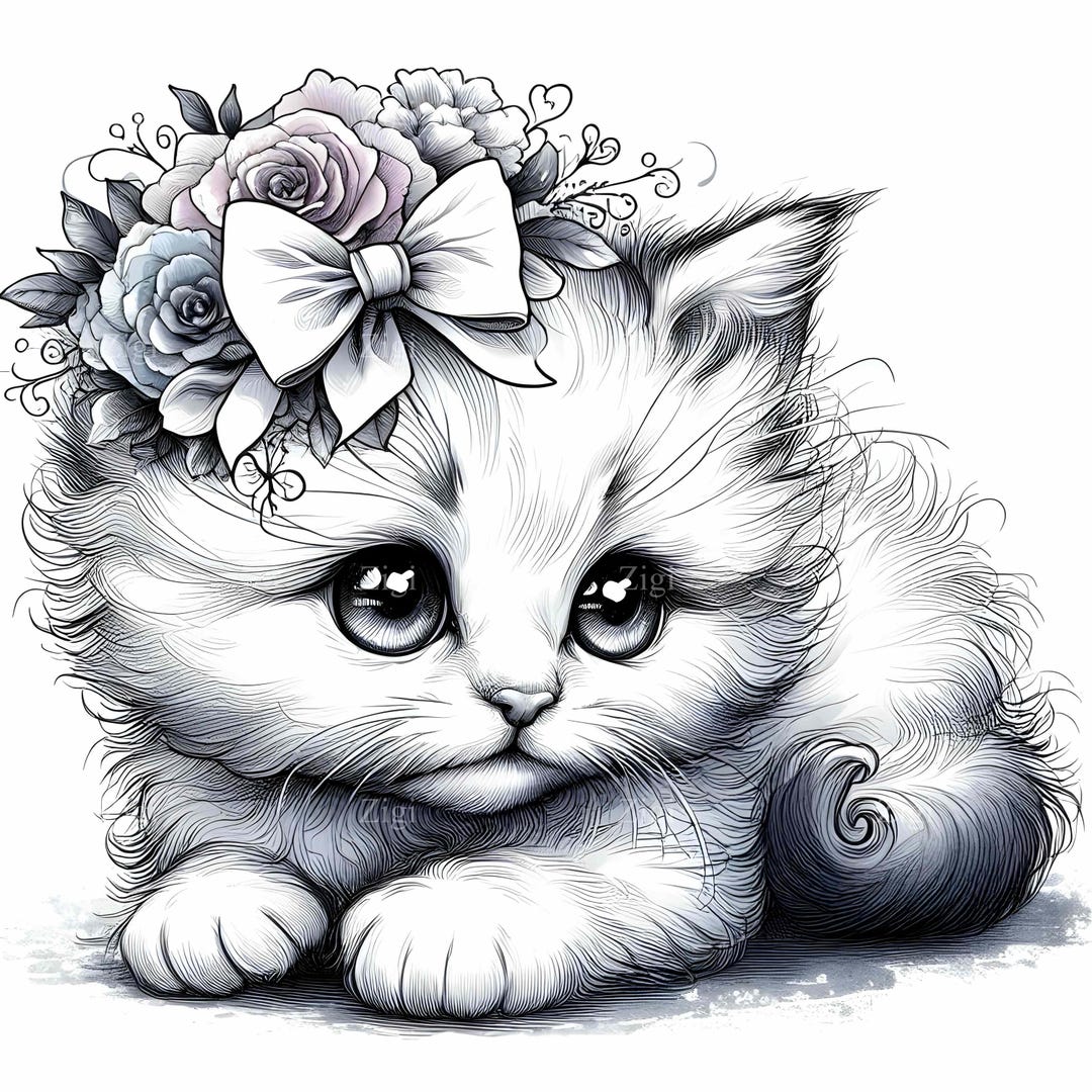 15 JPEG Cute Kitten Clipart With Big Eyes and Floral Bow, Baby Cat JPEG ...