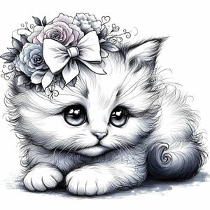 15 imágenes prediseñadas JPEG de gatitos adorables con ojos grandes y lazo floral, ilustración JPEG de gatito bebé para decoración de guardería, sublimación y manualidades.