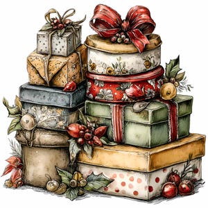 May include: A watercolor illustration of a stack of wrapped gift boxes. The boxes are in various shapes and sizes, adorned with ribbons, bows, and festive embellishments. Colors include gold, red, green, and white, evoking a holiday theme.