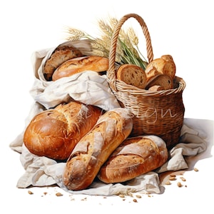 Cesta de Pão Rústico Clipart PNG - 15 Pães Artesanais Frescos e Talos de Trigo - Perfeito para Artesanato com Tema de Padaria
