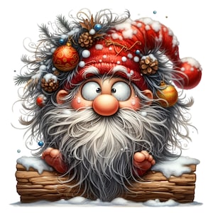 15 cliparts PNG drôle de nain de Noël – elfe des fêtes avec chapeau rouge avec ornements, barbe des neiges, dessin animé mignon d'hiver assis sur une bûche