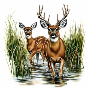 20 imágenes prediseñadas de ciervos JPEG, ciervo y cervatillo en escena de agua, ilustración de animales del bosque de vida silvestre JPG para sublimación, arte rústico imprimible de naturaleza