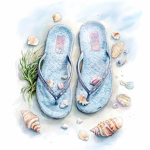 24 imágenes prediseñadas de sandalias de playa en formato JPEG: chanclas azules con conchas marinas sobre la arena: descarga digital de verano costero en formato JPG