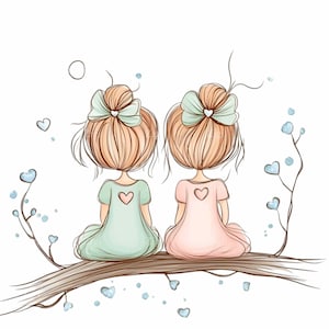 10 ragazze sedute su un ramo Clipart PNG, vista posteriore disegnata a mano di due ragazze con fiocchi, illustrazione di accenti a cuore