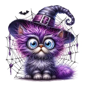 Halloween Katze Clipart - Lila Kätzchen mit Hexenhut und Netzen Illustration, hochauflösende 10 PNG zum Basteln