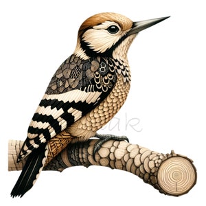 15 imágenes prediseñadas de pájaro carpintero en una rama con plumas intrincadas: arte detallado de aves del bosque para amantes de la naturaleza y la artesanía.