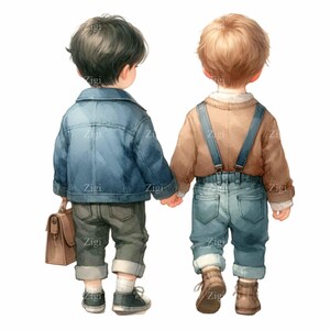 10 niños vintage tomados de la mano PNG, imágenes prediseñadas de amigos nostálgicos de la infancia, ilustración retro de niños de campo para impresión y sublimación