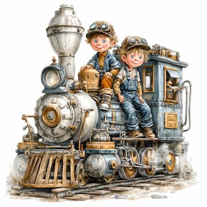 Pode incluir: Ilustração de uma locomotiva a vapor vintage com duas crianças usando óculos de aviador e bonés. O trem é detalhado com componentes de metal e madeira, pintado em tons de cinza, dourado e marrom. As crianças estão vestidas com roupas azuis e marrons.