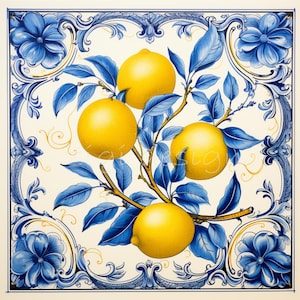 10 PNG Zitronenfliesendesign - Blaue und gelbe Keramik PNG - mediterranes Fruchtmuster für Küchendekor, Kunsthandwerk und printable Projekte