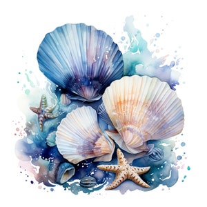 10 conchas marinas PNG, estrellas de mar y conchas de acuarela, descarga digital de playa oceánica