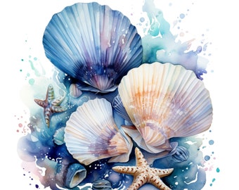 10 schelpen PNG, aquarel strand zeester kunst oceaan kust sublimatie digitale download