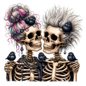 12 imágenes prediseñadas PNG de pareja de esqueletos punk, arte gótico de calavera de Halloween con cuervos, ilustración digital de rock alternativo