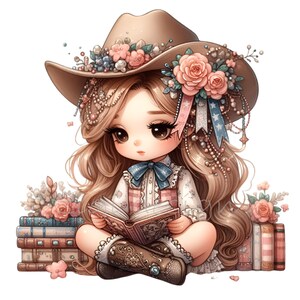 May include: A young girl with long brown hair wearing a brown cowboy hat with pink and blue flowers and a white and pink plaid shirt sits on a stack of books and reads a book.