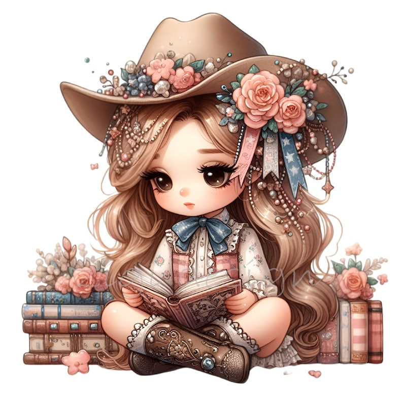 May include: A young girl with long brown hair wearing a brown cowboy hat with pink and blue flowers and a white and pink plaid shirt sits on a stack of books and reads a book.