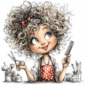 Könnte beinhalten: Illustration eines lächelnden Cartoon-Charakters mit lockigem Haar, der eine rote Punkte-Schürze trägt und eine Schere und einen Kamm hält. Eine rote Schleife ist im Haar. Make-up-Pinsel und andere Werkzeuge befinden sich auf dem Tisch.
