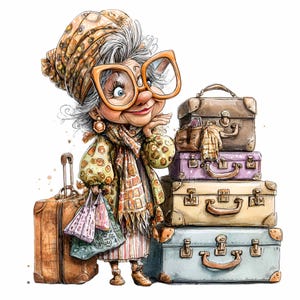 18 PNG Mujer viajera – Abuela divertida con maletas PNG clipart – Escena de vacaciones caprichosa para pegatinas de planificador, tarjetas y decoración de viaje