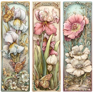 以下が含まれることがあります： 3つの垂直アートヌーボー様式のパネル。詳細な花と蝶のイラストが特徴です。パネルは、アイリス、ポピー、蝶をソフトパステルカラーで表現し、装飾的なボーダーで縁取られています。