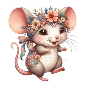 12 simpatici topolini floreali in formato PNG – clipart di un allegro topolino con foulard e fiori – arte per bambini, inviti o sublimazione