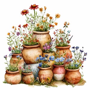 Könnte beinhalten: Ein Aquarellbild einer Sammlung von Terrakotta-Töpfen, die mit bunten Wildblumen gefüllt sind. Die Töpfe sind in einer versetzten Anordnung angeordnet, was ein optisch ansprechendes Bild ergibt. Die Blumen sind in verschiedenen Schattierungen von Rosa, Lila, Gelb und Rot gehalten und verleihen der Komposition eine lebendige Note.