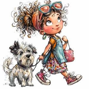 14 PNG Curly Girl Walking Dog Clipart – Cute Fashion Girl with Pet PNG – Whimsical Sublimation for Kids Crafts, Stickers, Planner Art