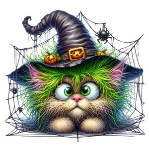 10 Halloween Cat PNG Clipart – Carino gatto soffice con cappello da strega con zucche, ragni e ragnatela – Divertente arte spettrale del gatto