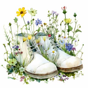 28 imágenes prediseñadas de flores de botas blancas JPEG, arte de zapatos con flores silvestres, impresión de calzado de jardín rústico, decoración botánica natural