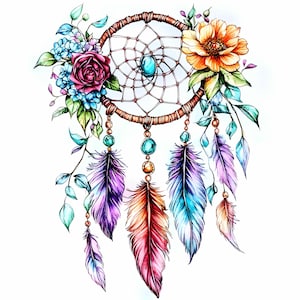 28 imágenes prediseñadas de atrapasueños en formato JPEG (JPG): plumas de colores, anillo floral con piedras preciosas, arte de acuarela para manualidades e impresiones