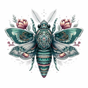 May include: A detailed illustration of a stylized insect with intricate patterns in teal, white, and gold. The insect is surrounded by floral elements, including pink and purple flowers and green leaves, set against a white background.